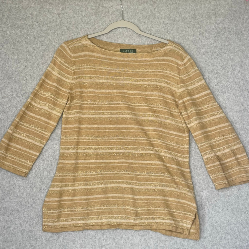 Lauren Ralph Lauren Linen Silk Blend Metallic Stripe Sweater Medium